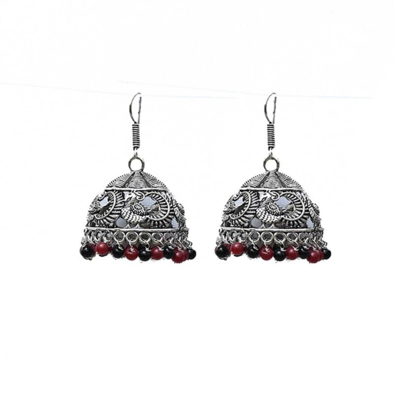 Oxidised Long Jhumka With Red & Black Beads