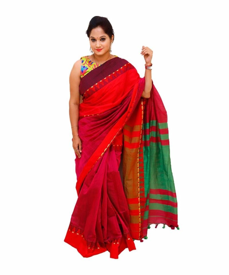 Handloom Khadi Cotton Red Saree with Temple Design