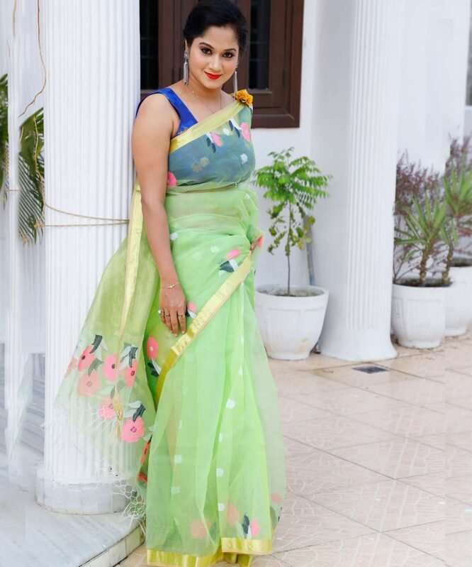 Resham Muslin Green Saree