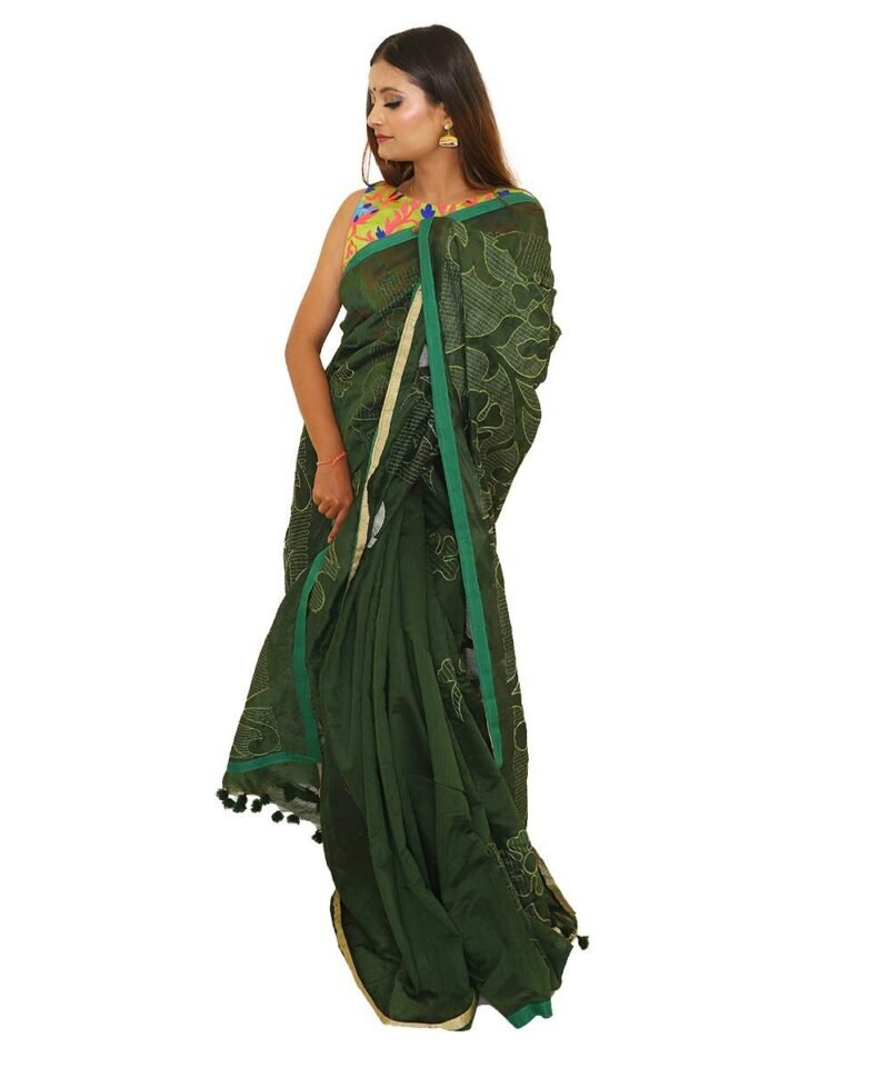 Kantha Stitched Embroidery Saree Dark Green