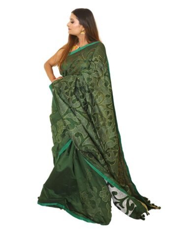 Kantha Stitched Embroidery Saree Dark Green