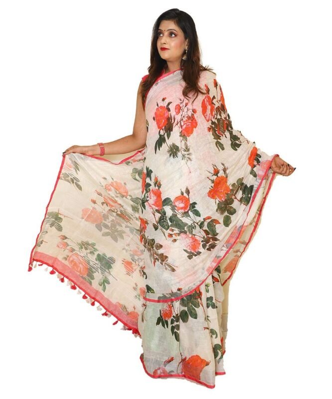 Digital Floral Printed Handloom Linen Saree