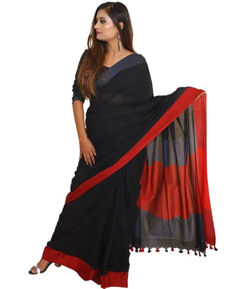 Khadi Cotton Handloom Glossy Black Saree