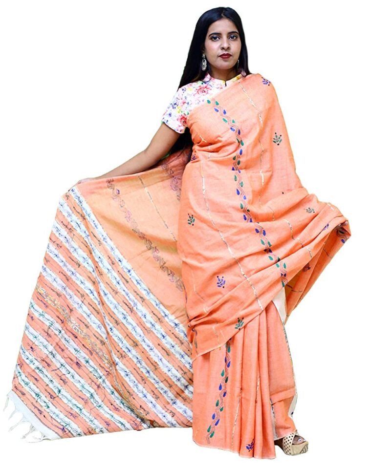 Handloom Kantha Stitched Pink Cotton Saree
