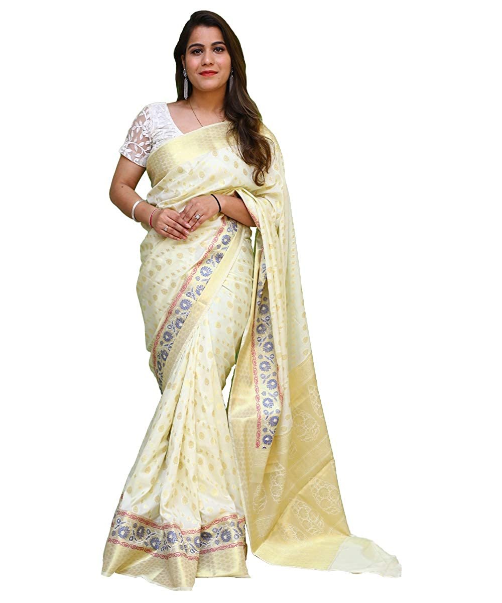 Women's Banarasi Silk White Saree with Blouse Piece
