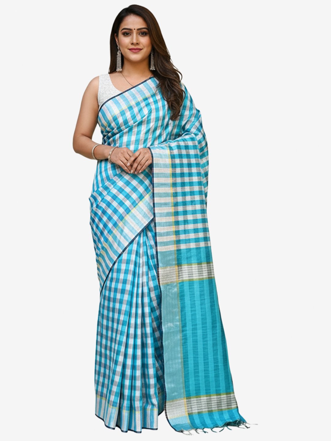 Cotton Checkered Silk Saree With Unstitched Blouse