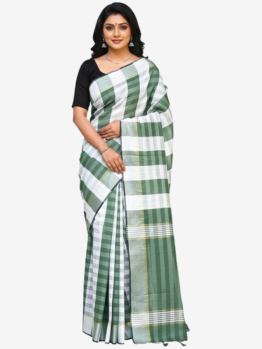 Cotton Silk check Saree With Unstitched Blouse Piece