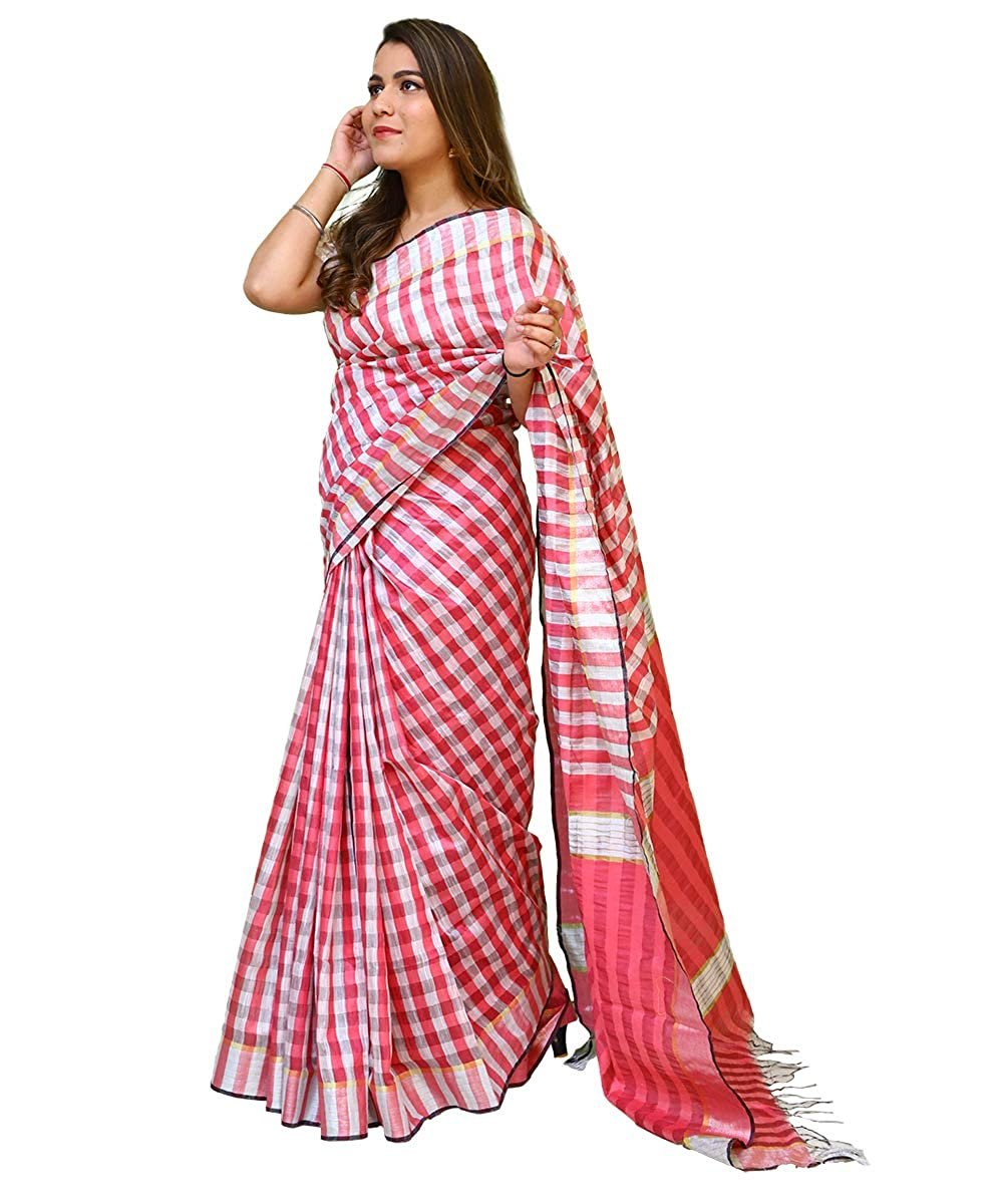 Cotton Silk Checkered Saree With Unstitched Blouse