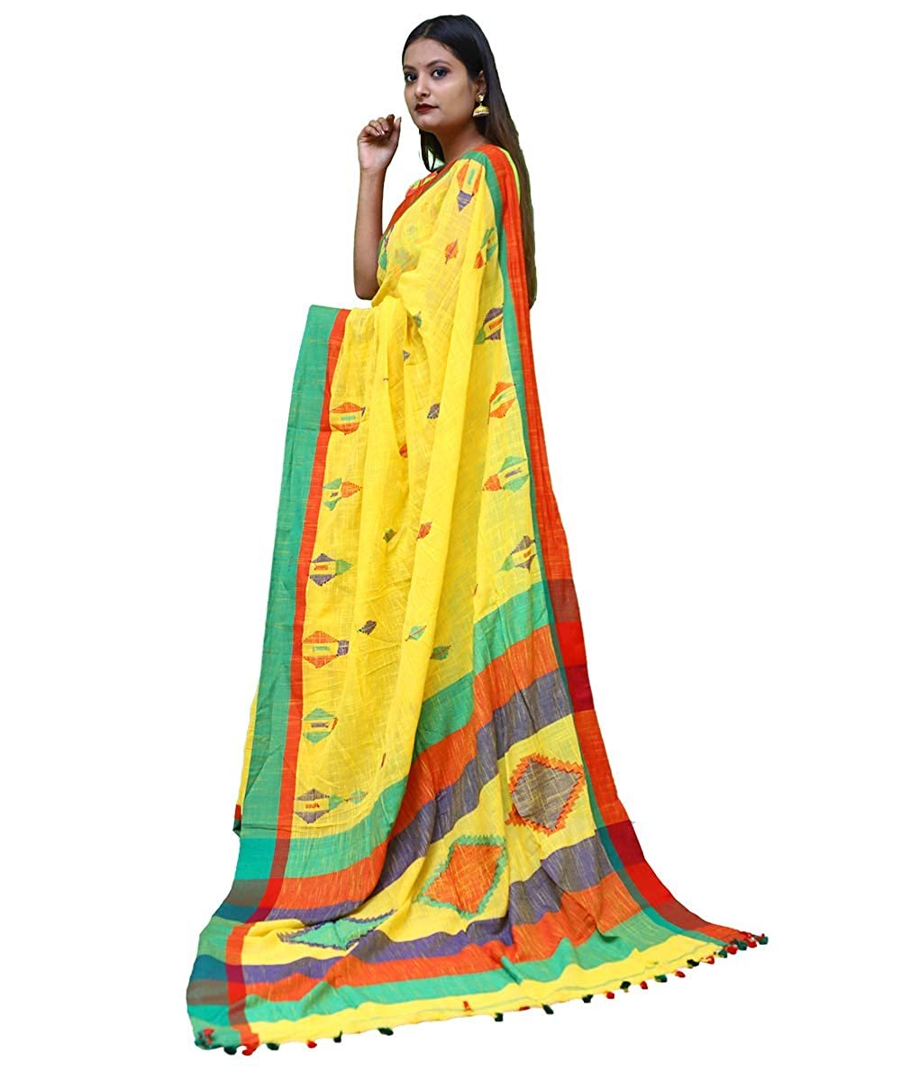 Women's Pure Cotton Soft Khadi Handwoven Yellow Saree