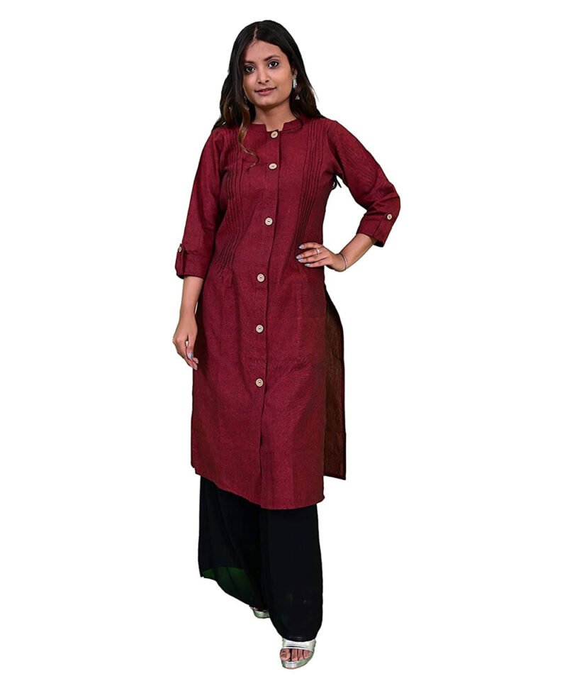 Women Khadi Cotton Front Slit Calf Length Maroon Kurta