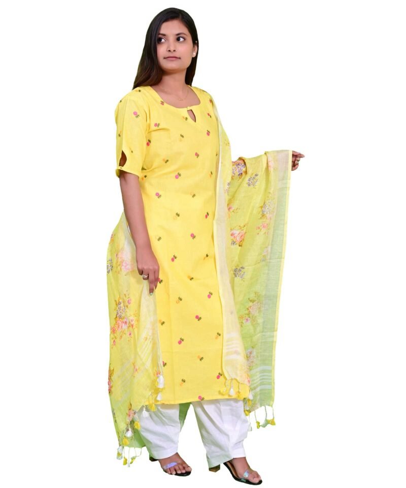 Cotton Embordered Yellow Kurta with Digital Printed Linen Dupatta