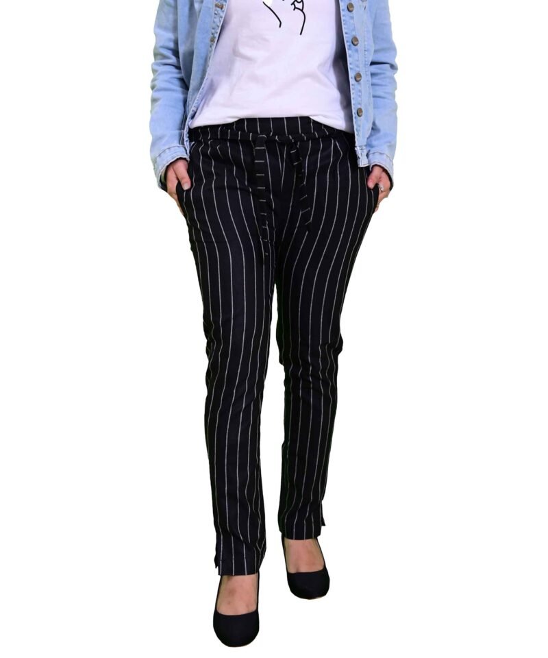 Women's Regular Fit Striped Black Pant