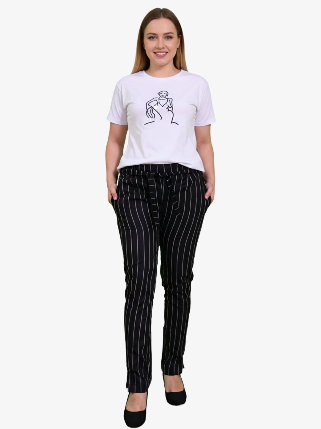 Women's Regular Fit Striped Black Pant