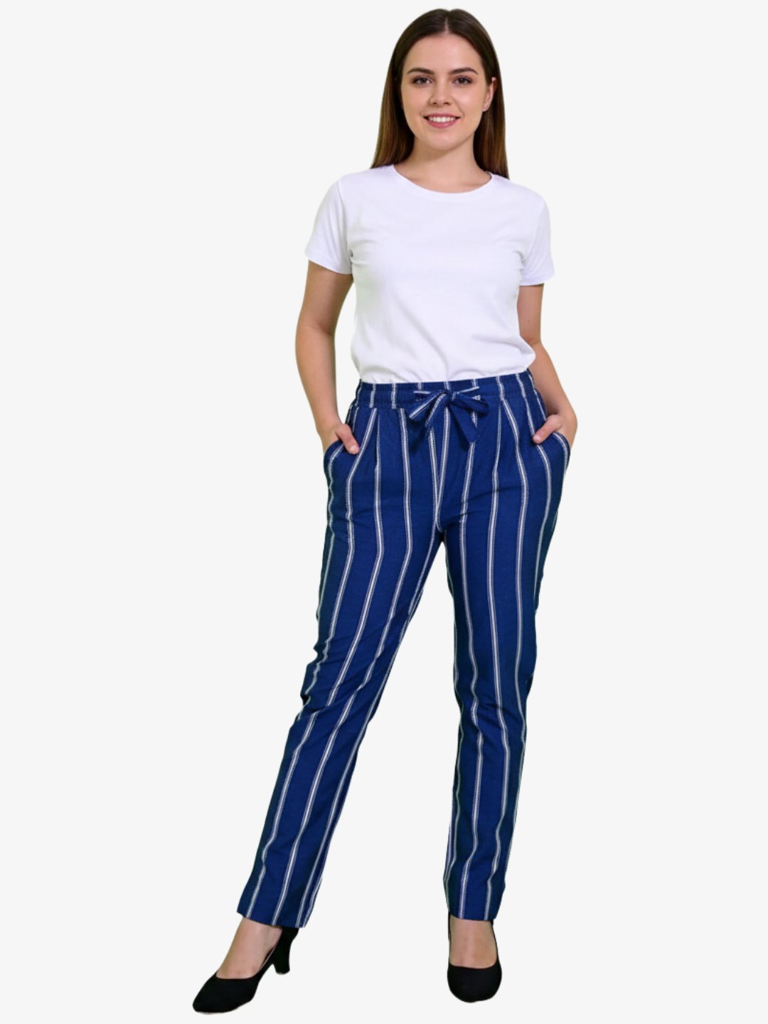 Women's Cotton white Stripped Blue Pant