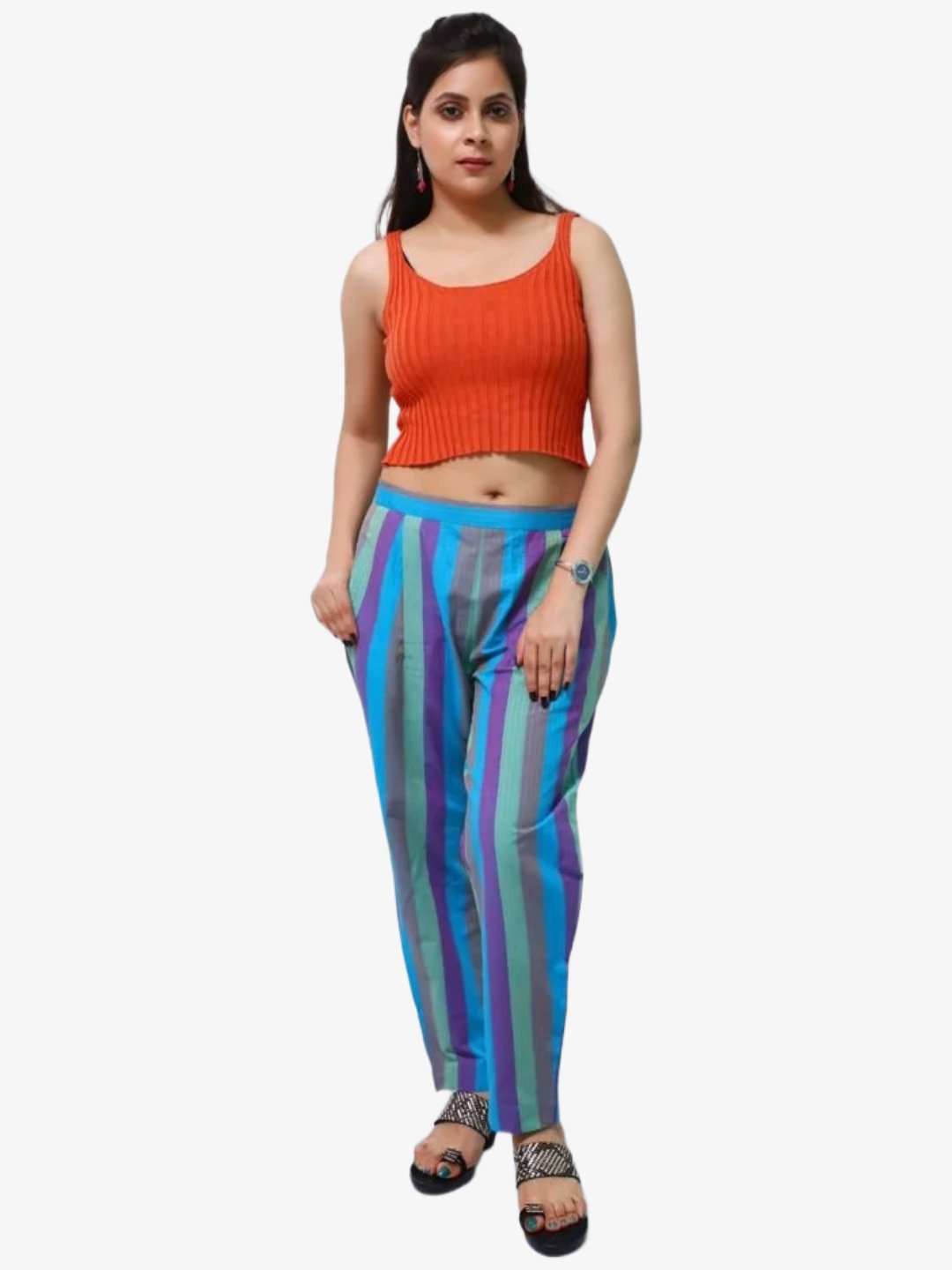 Women's Cotton Multicolor Striped  Pant