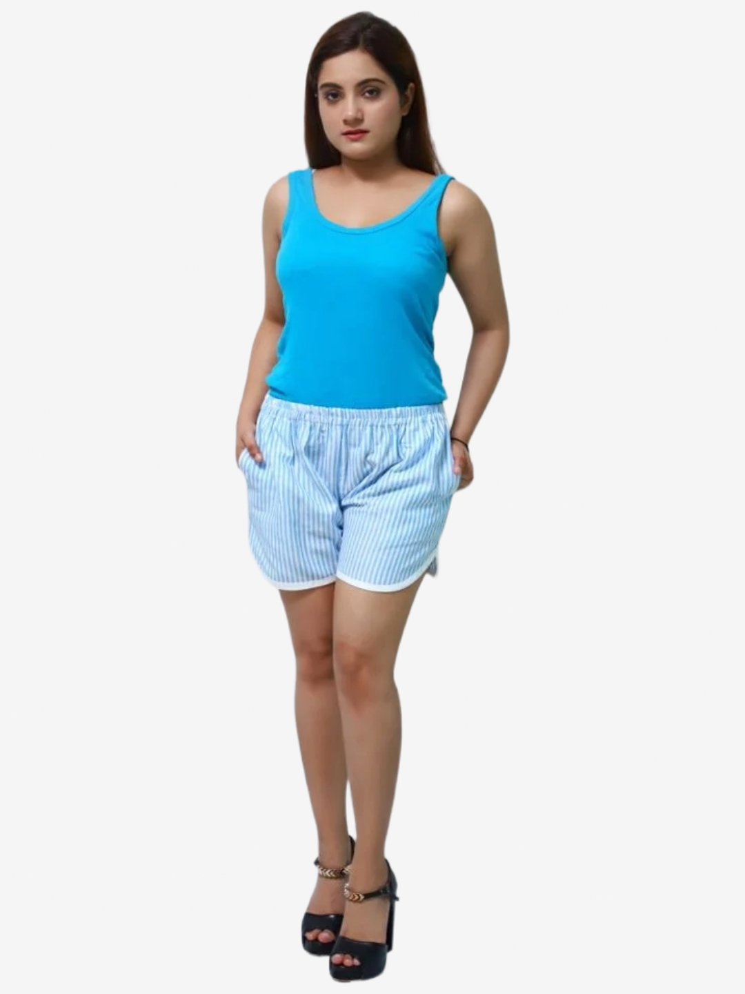 Women's Cotton Sky Blue Striped Shorts