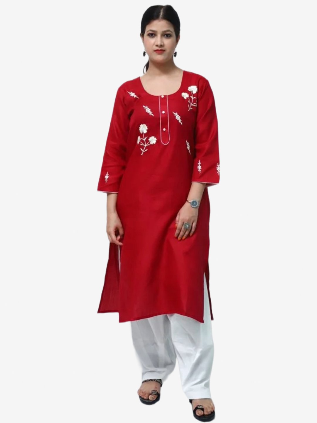 Women's Marron Embroidered Kurti