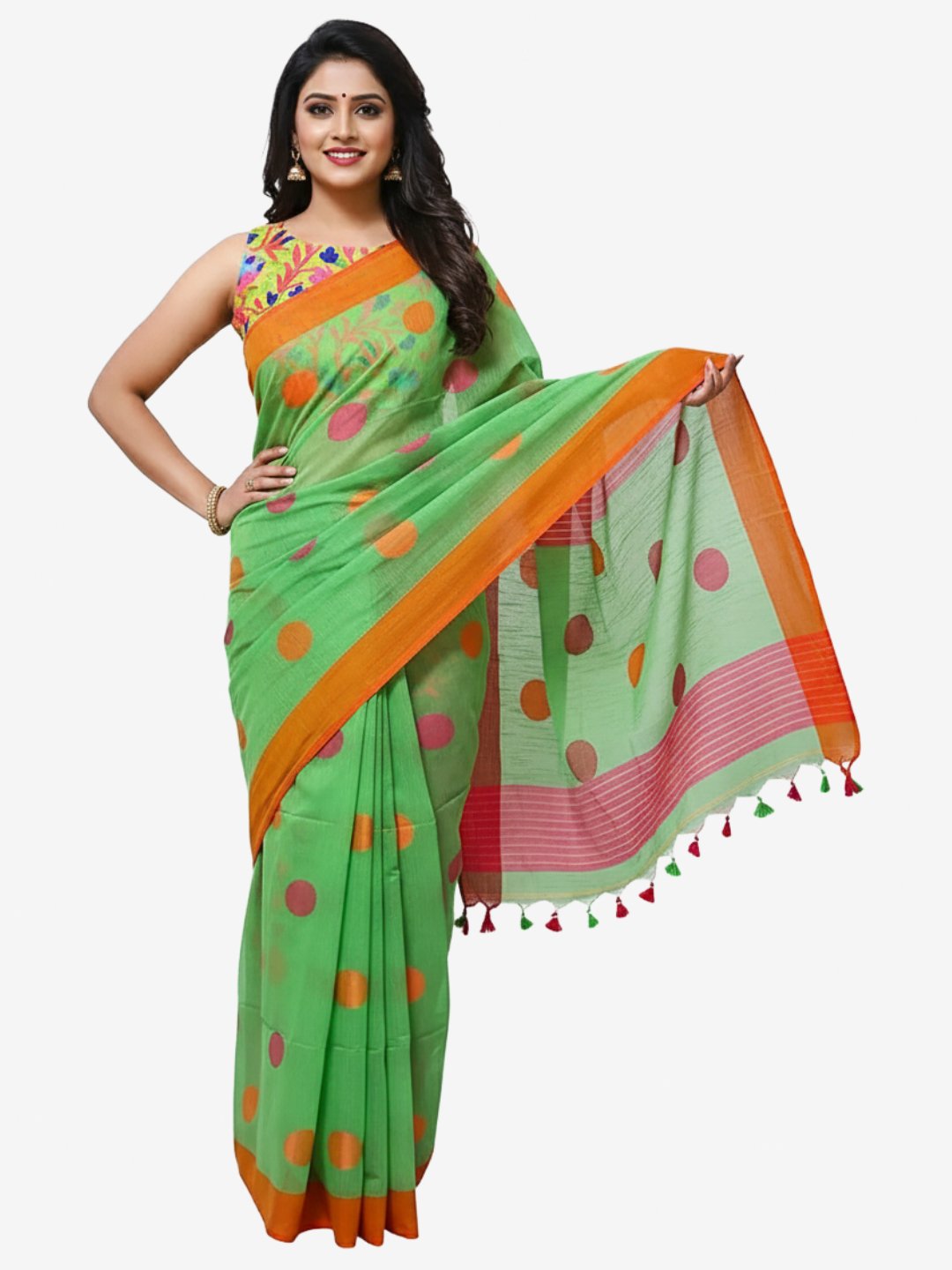 Ball Butti Khadi Cotton Green Saree