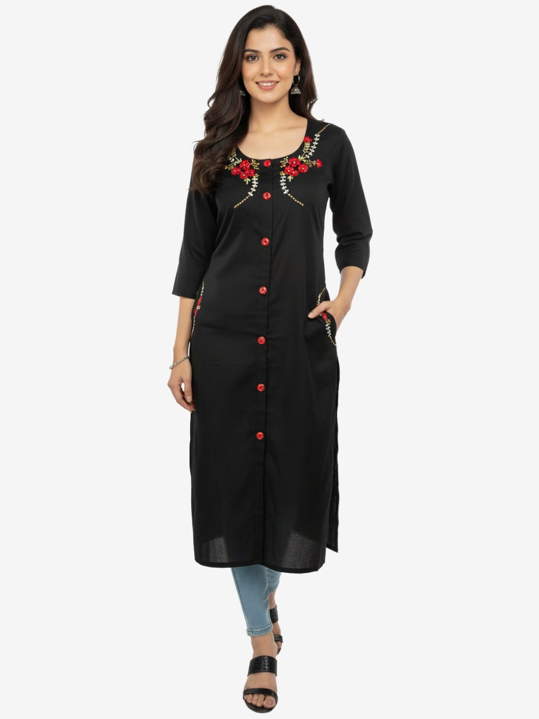 Women Embroidered Cotton Blend Straight Black Kurta