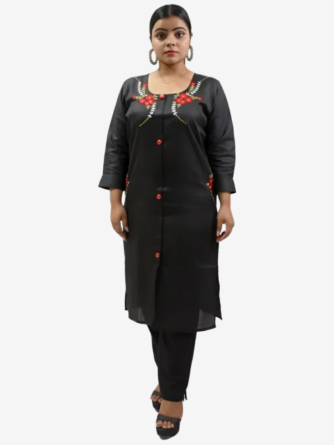Women Embroidered Cotton Blend Straight Black Kurta