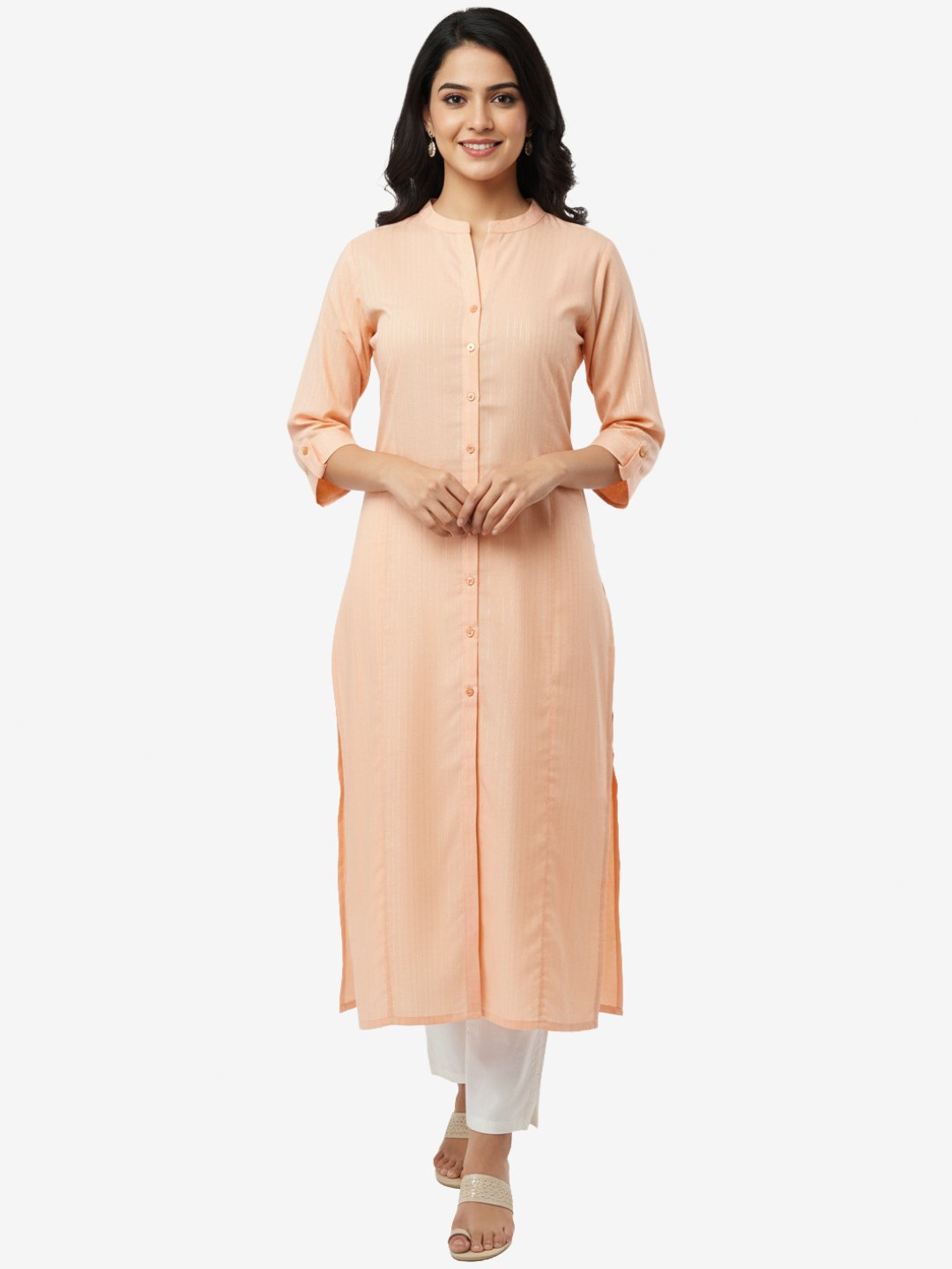 Women Striped Cotton Blend Peach Straight Kurta
