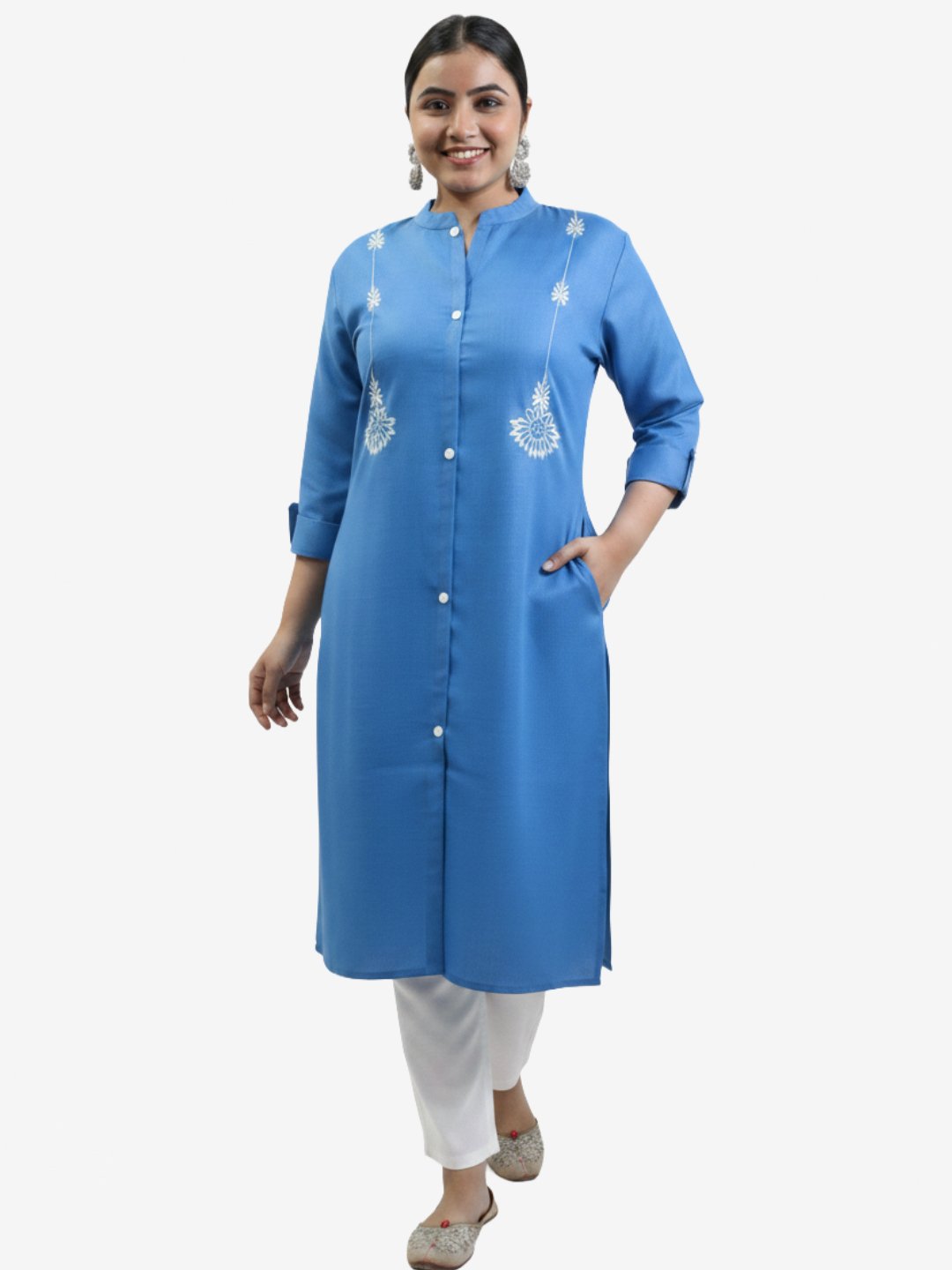 Women Embroidered Cotton Blend A-line Blue Kurta