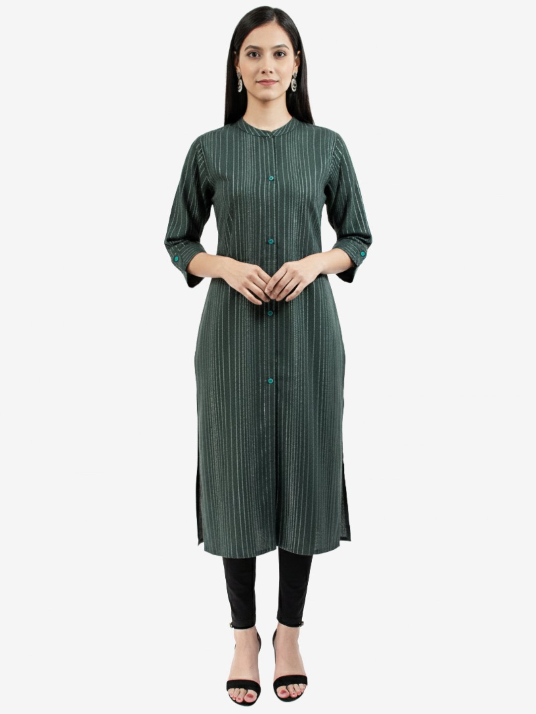 Women Striped Cotton Blend A-line Green Kurta Green