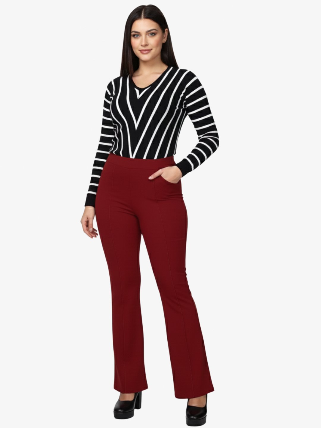 Women Slim Fit Maroon Lycra Trousers
