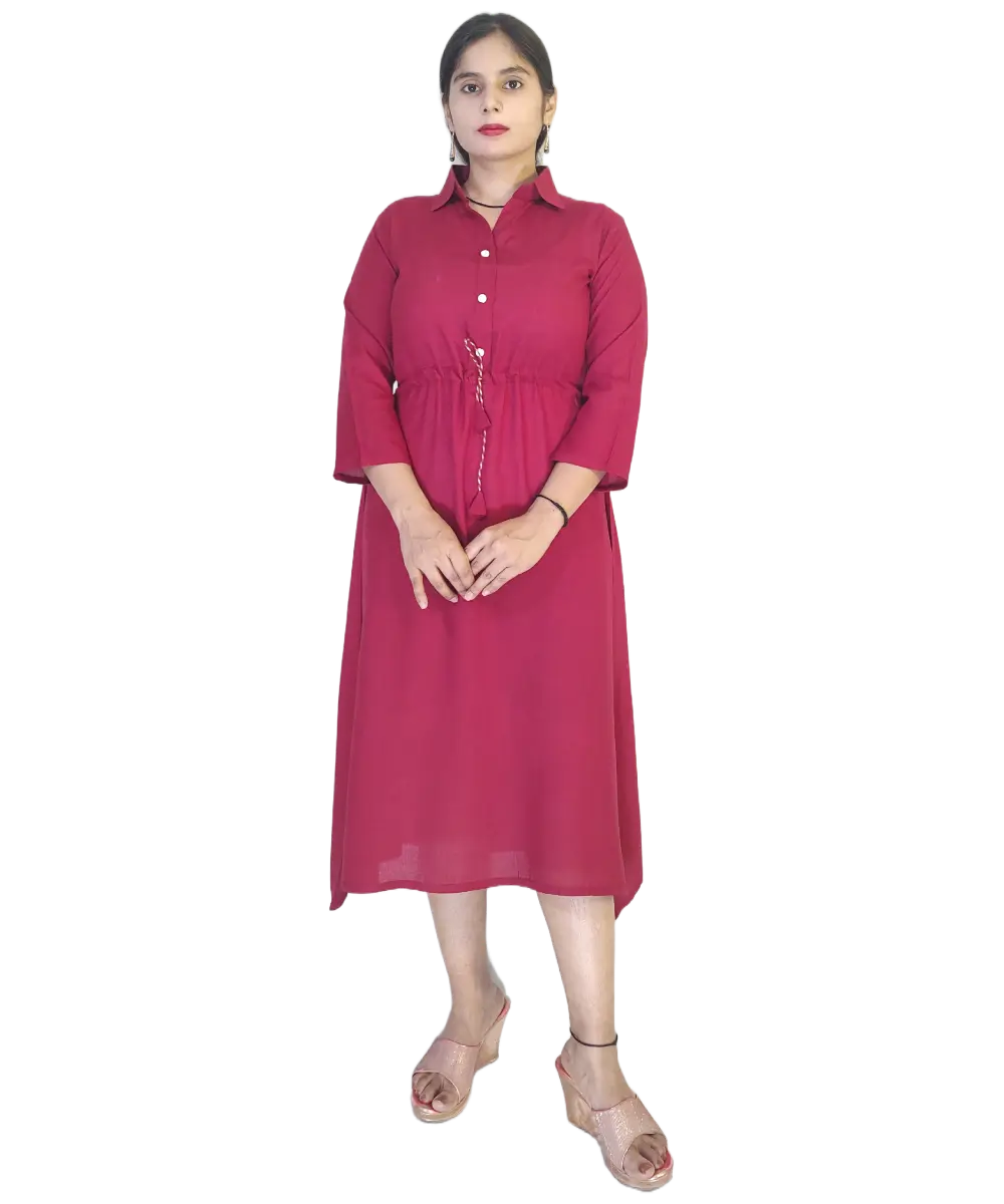 Women's Collared Rayon Maroon Dress