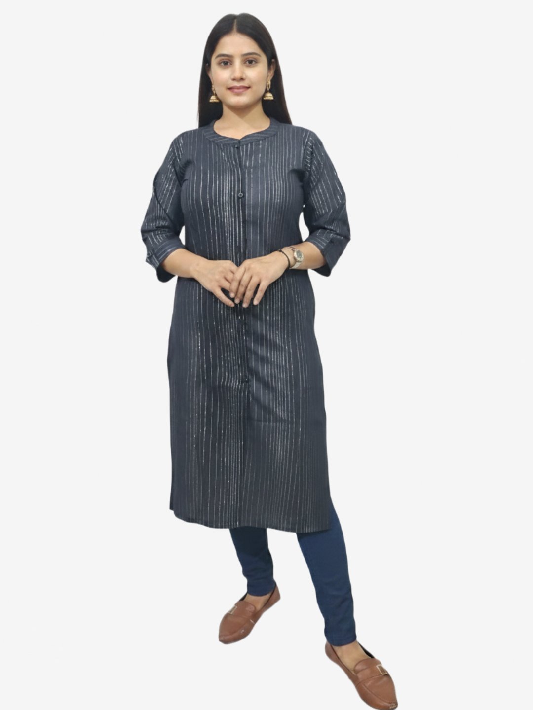 Women Striped Cotton Blend Black Straight Kurta