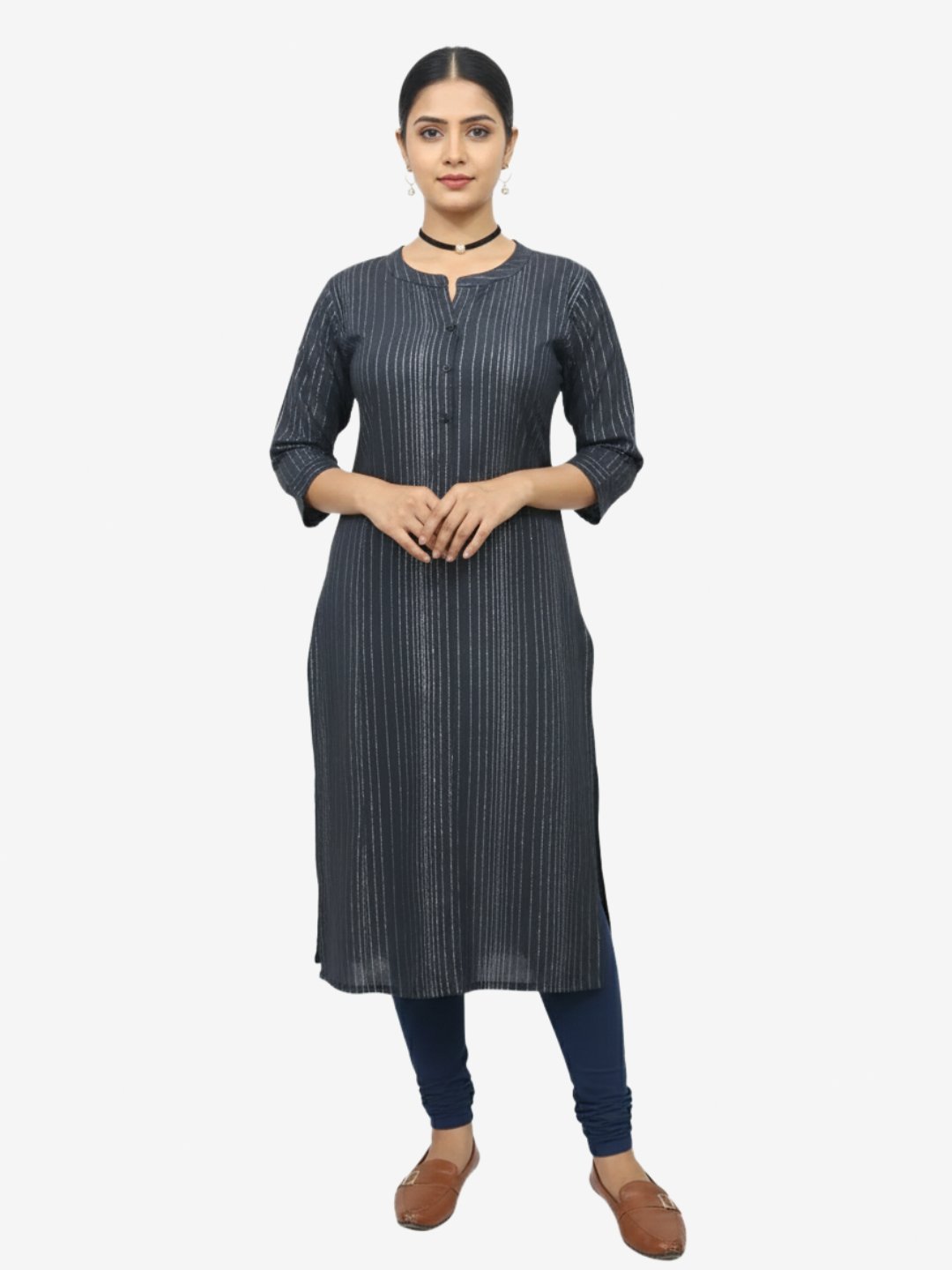 Women Striped Cotton Blend Black Straight Kurta