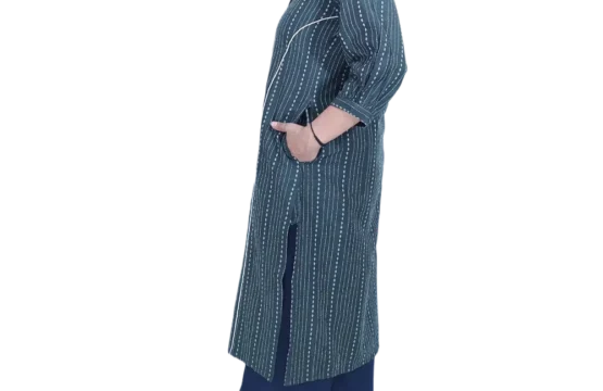 Women Cotton Blend Blue Straight Kurta With Puffed Sleeve