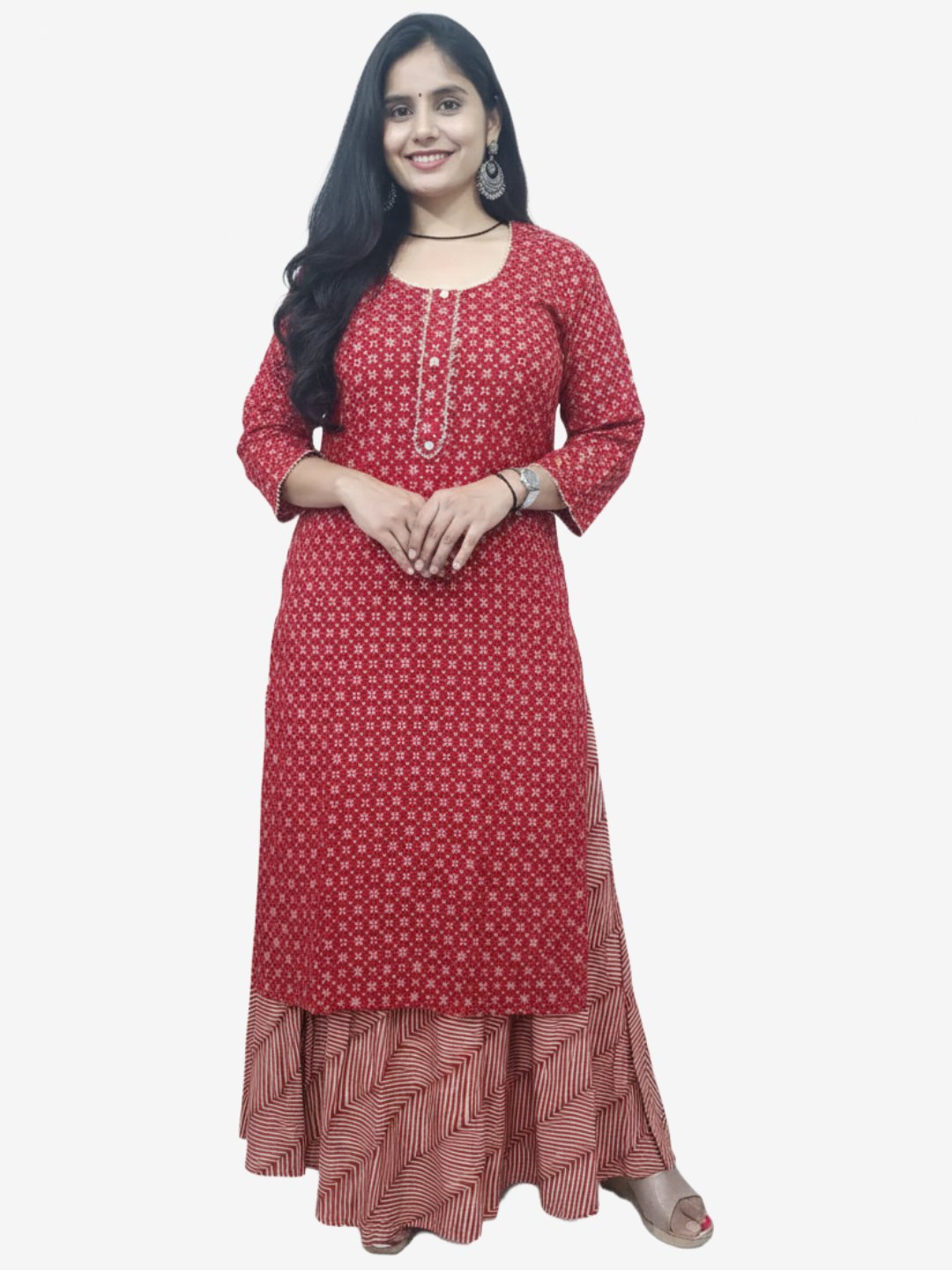 Women's Viscose Rayon Red Kurta and Skirt Set