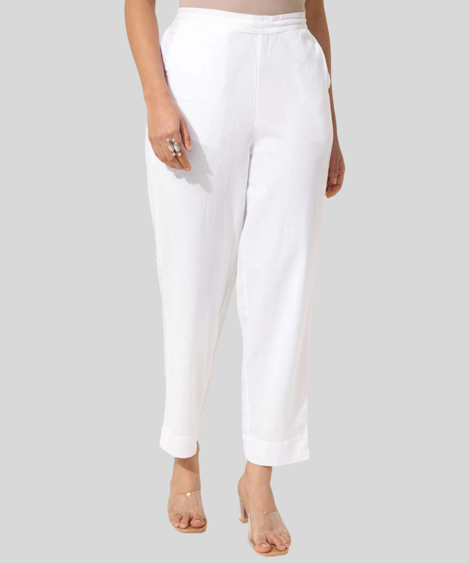 Women Regular Fit White Cotton Trousers