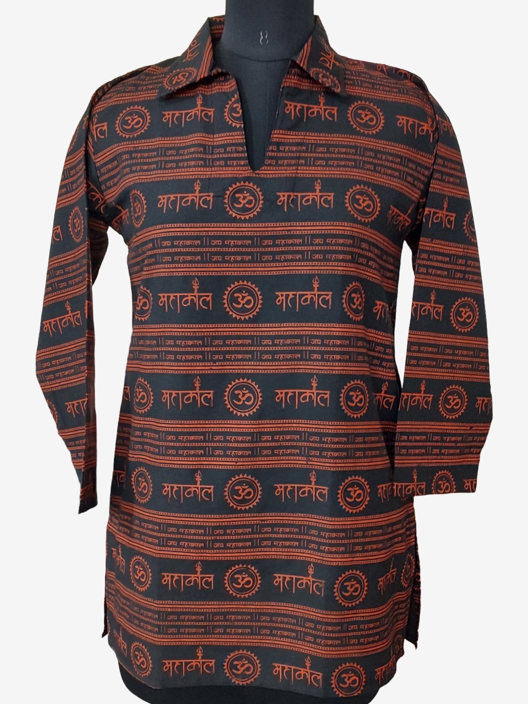 Mahakal Printed Cotton Kurta Black Orange Colour