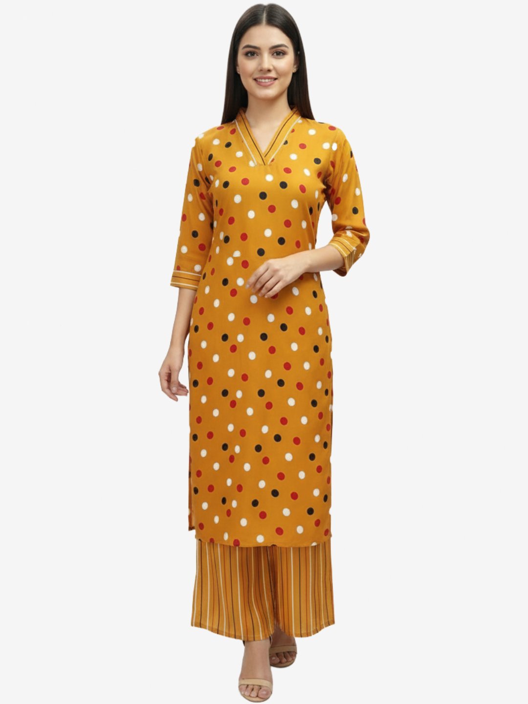 Yellow Rayon Polka Dot Print Kurta & Palazzo Set