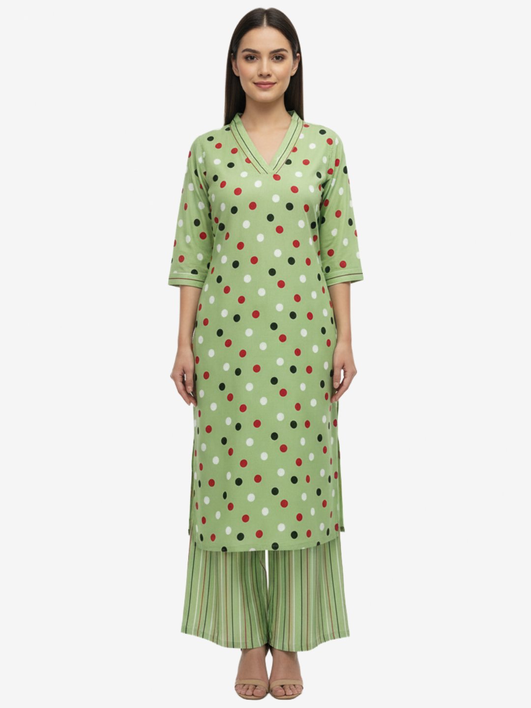 Green Rayon Polka Dot Print Kurta & Palazzo Set