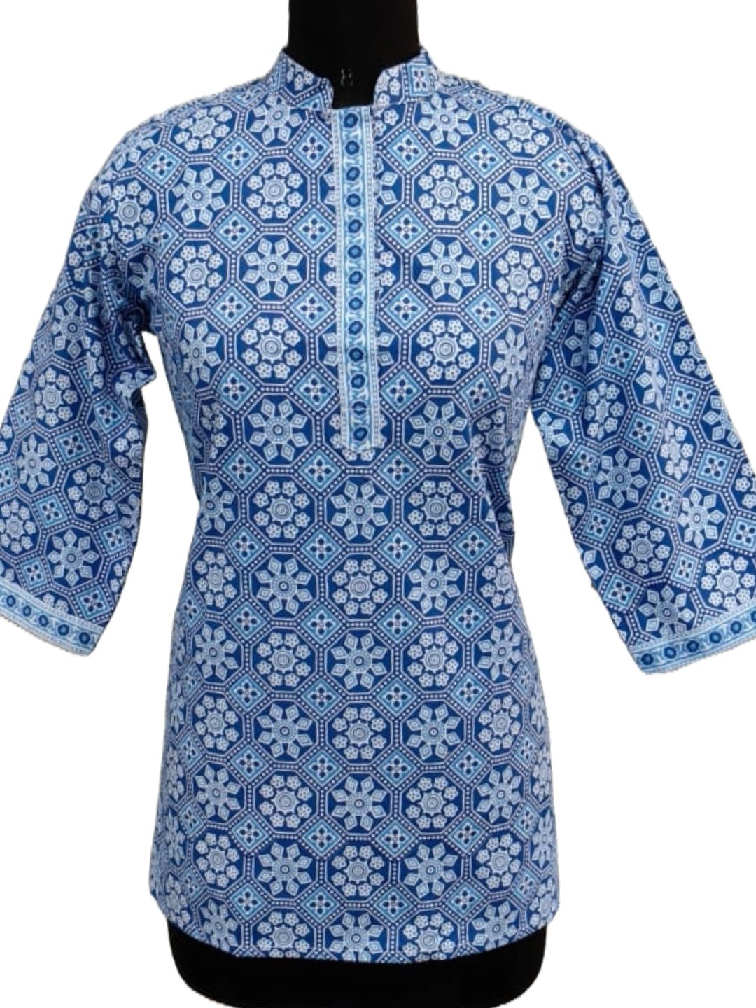 Blue Cotton Printed Short Kurta for Women