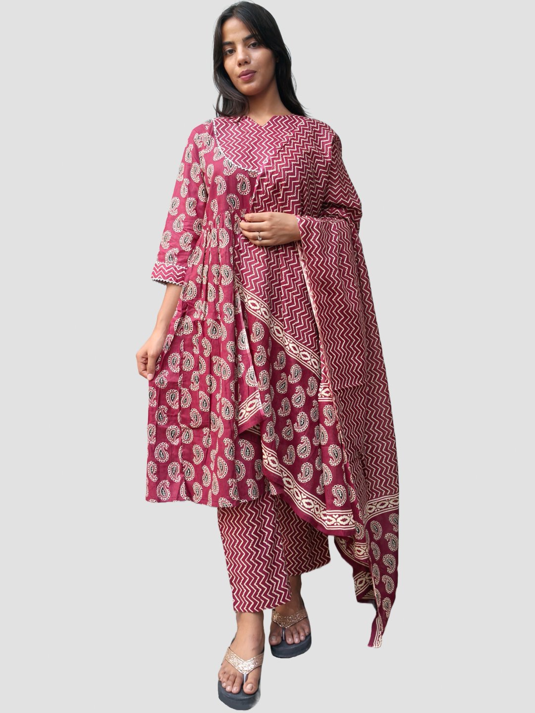 Maroon Cotton Kurta Set for Women – Printed Kurta with Pant & Dupatta