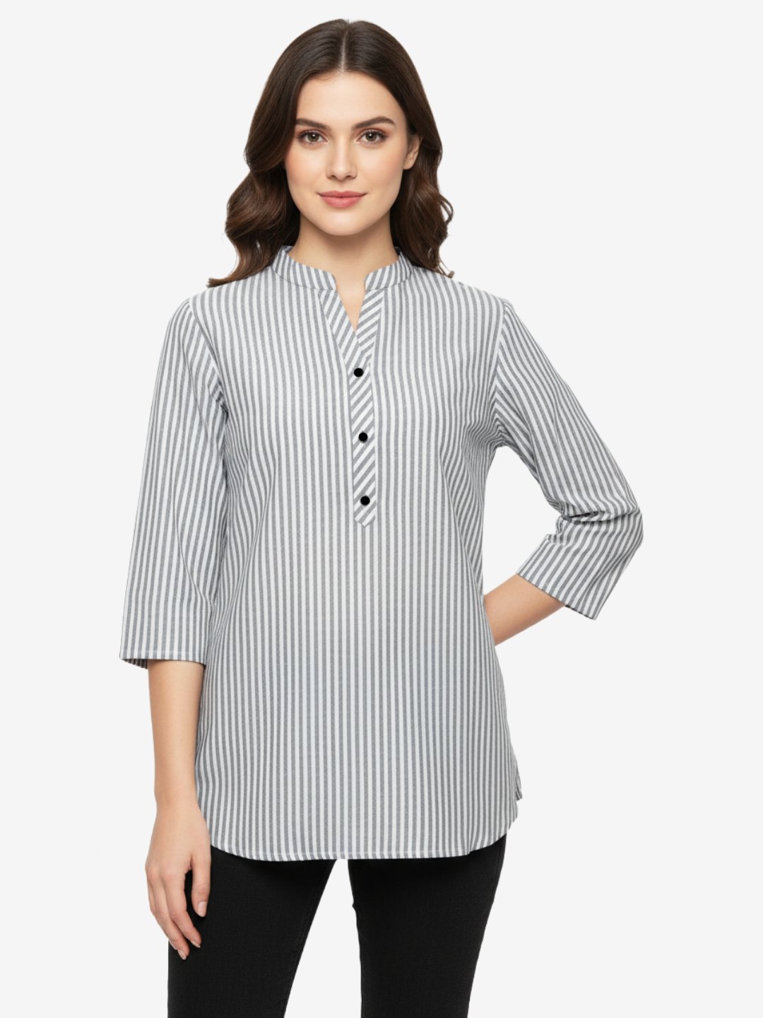 Women's Striped Cotton Short Kurta – Gray