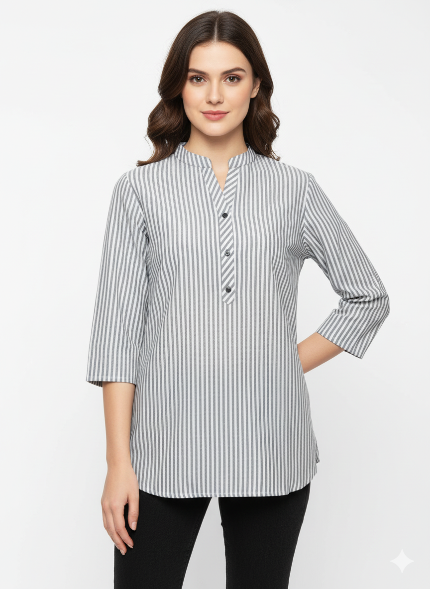 Women's Striped Cotton Short Kurta – Gray