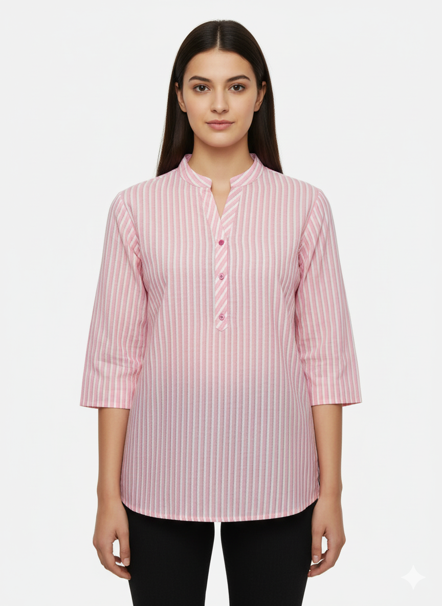 Women's Striped Cotton Short Kurta – Pink