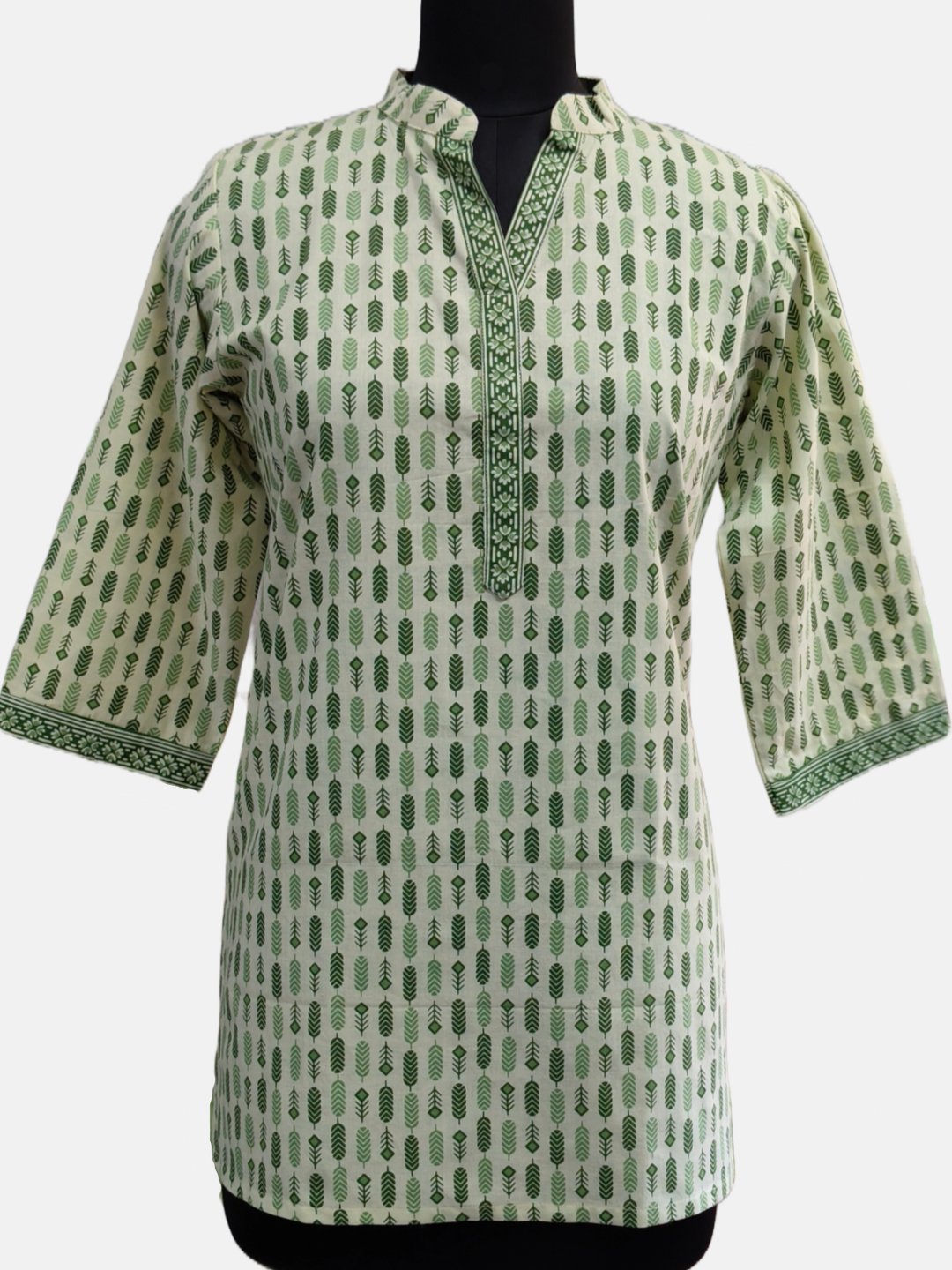 Printed Cotton Kurti – Beige with Green Leaf Motif
