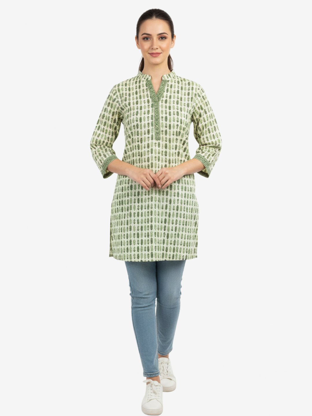 Printed Cotton Kurti – Beige with Green Leaf Motif