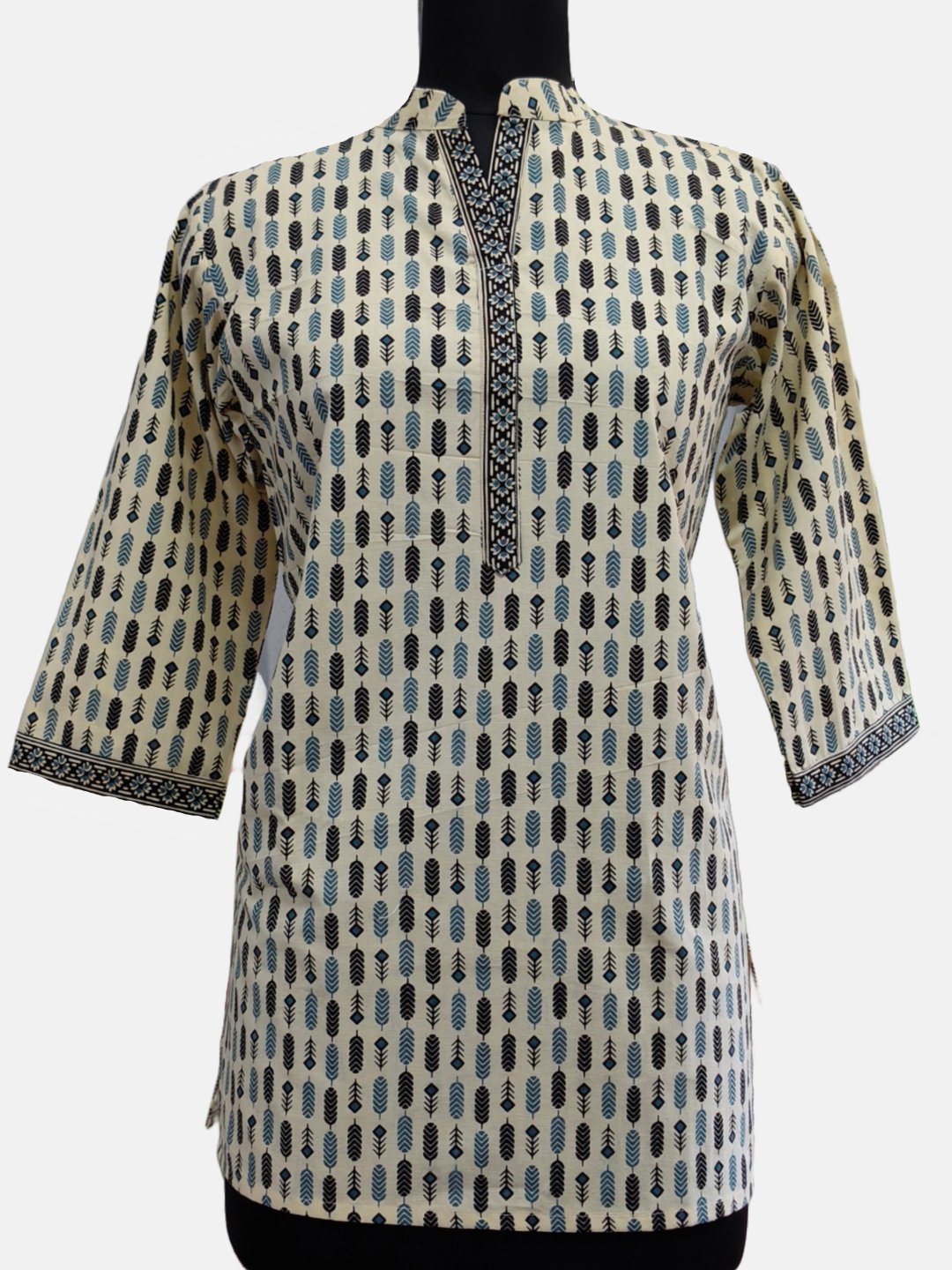 Printed Cotton Kurti – Beige with Black and Blue Leaf Motif