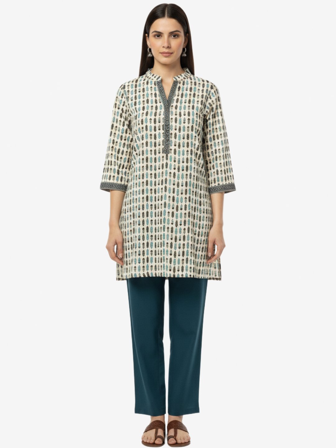 Printed Cotton Kurti – Beige with Black and Blue Leaf Motif