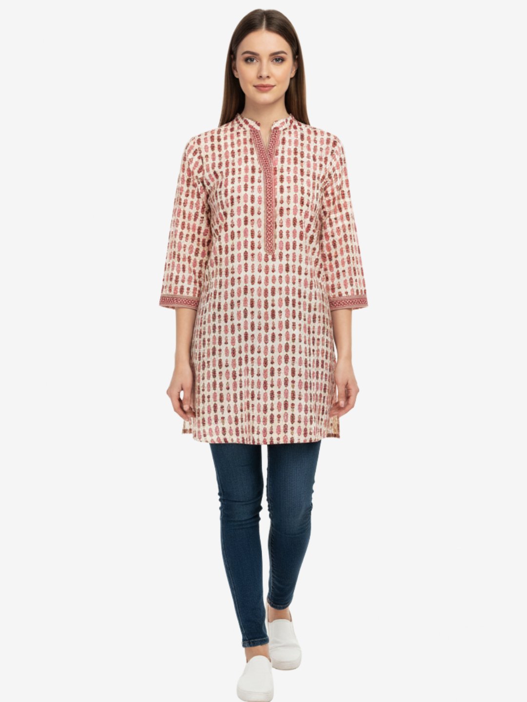 Printed Cotton Kurti – Beige with Red Motif