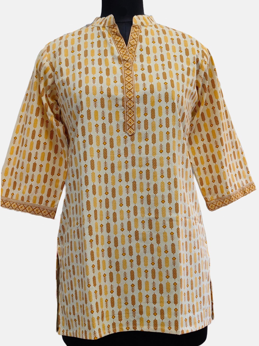 Printed Cotton Kurti – Beige with Mustard Yellow Leaf Motif
