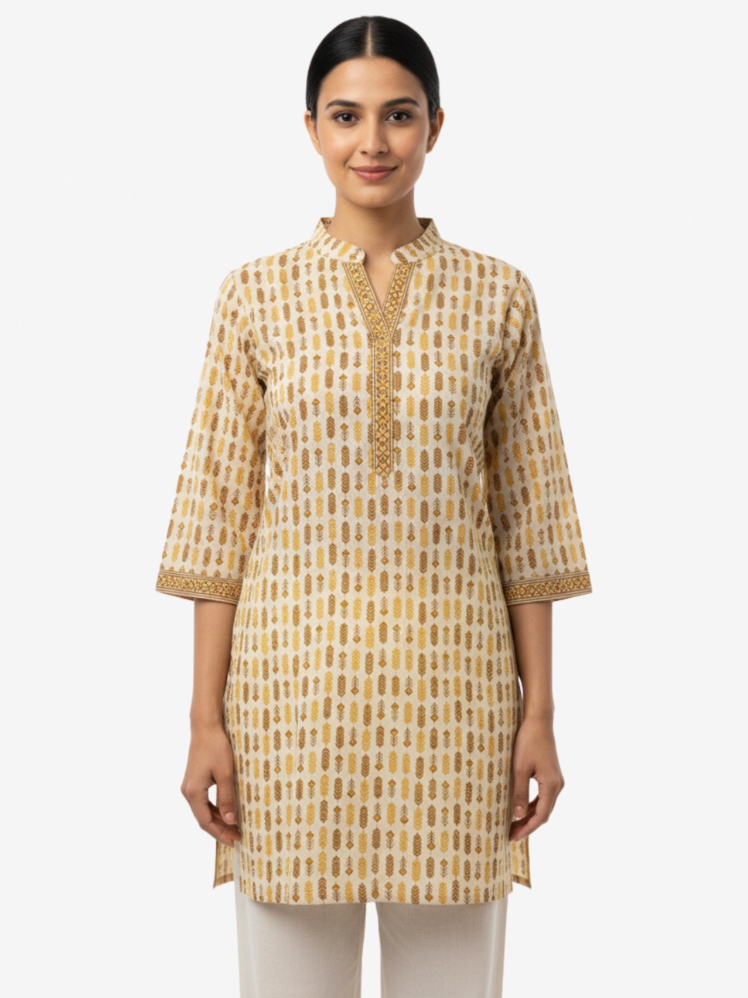 Printed Cotton Kurti – Beige with Mustard Yellow Leaf Motif