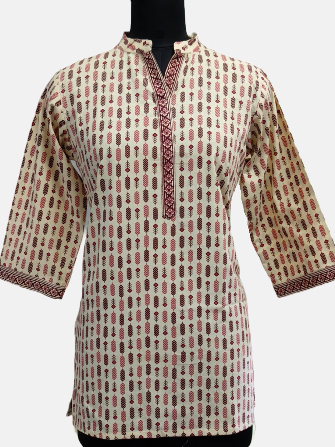 Printed Cotton Short Kurti – Beige & Maroon